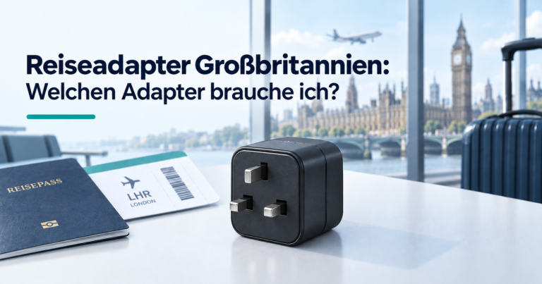 Reiseadapter Großbritannien mit Typ-G-Stecker vor London-Kulisse
