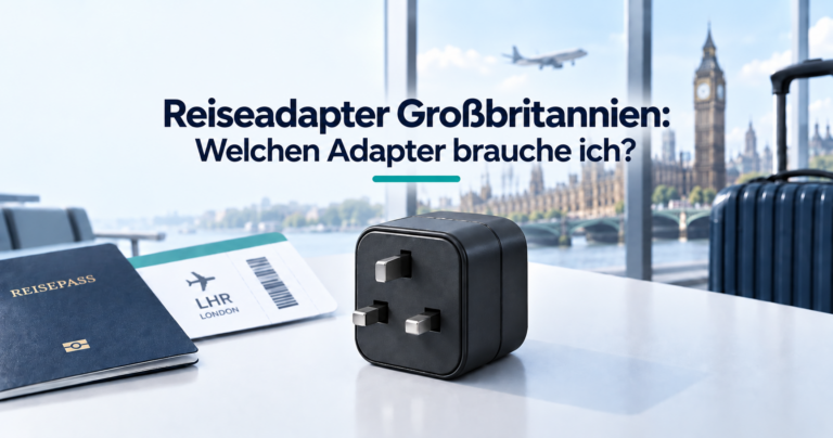 Reiseadapter Großbritannien mit Typ-G-Stecker vor London-Kulisse