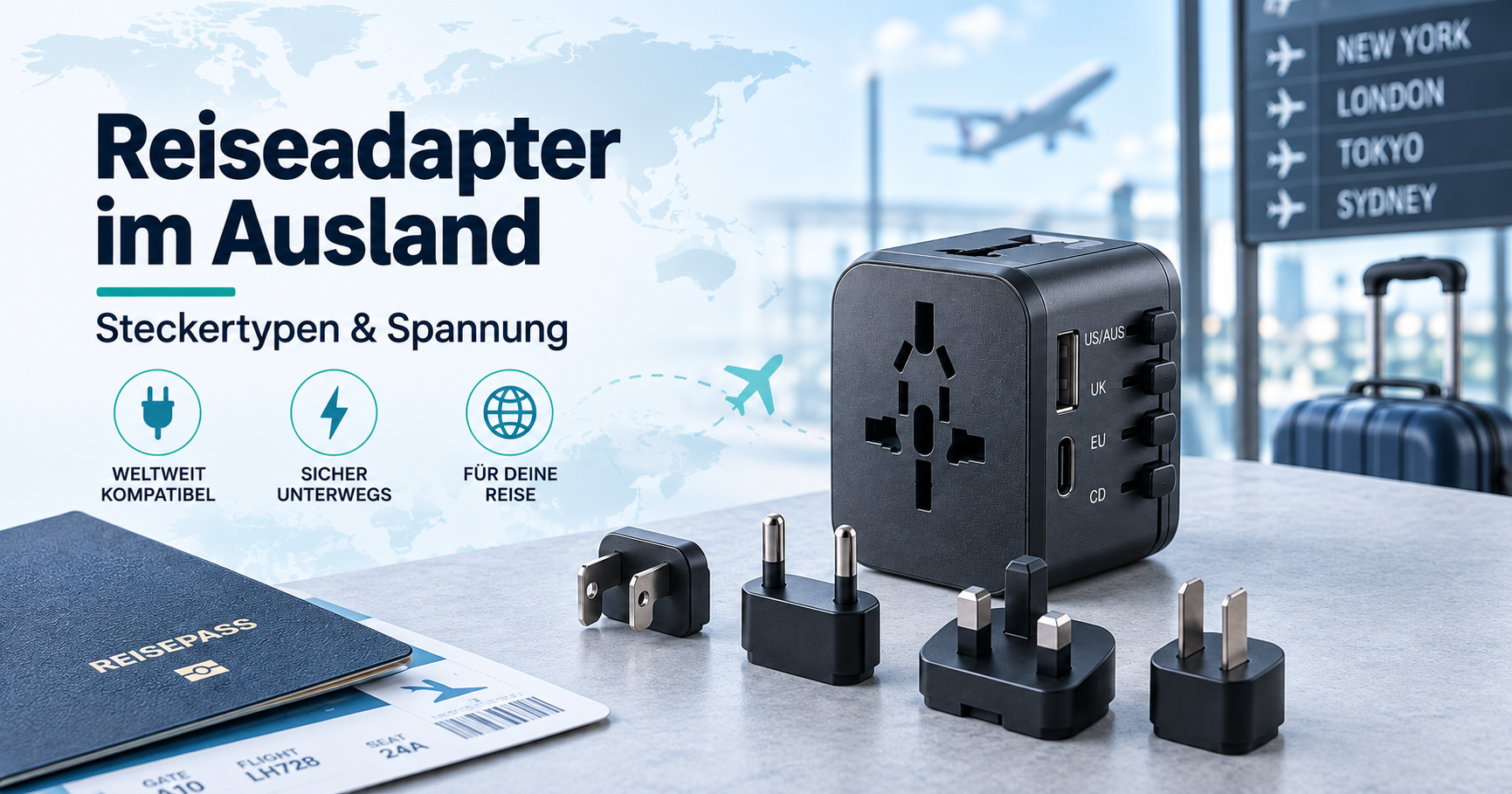 Reiseadapter im Ausland mit verschiedenen Steckertypen